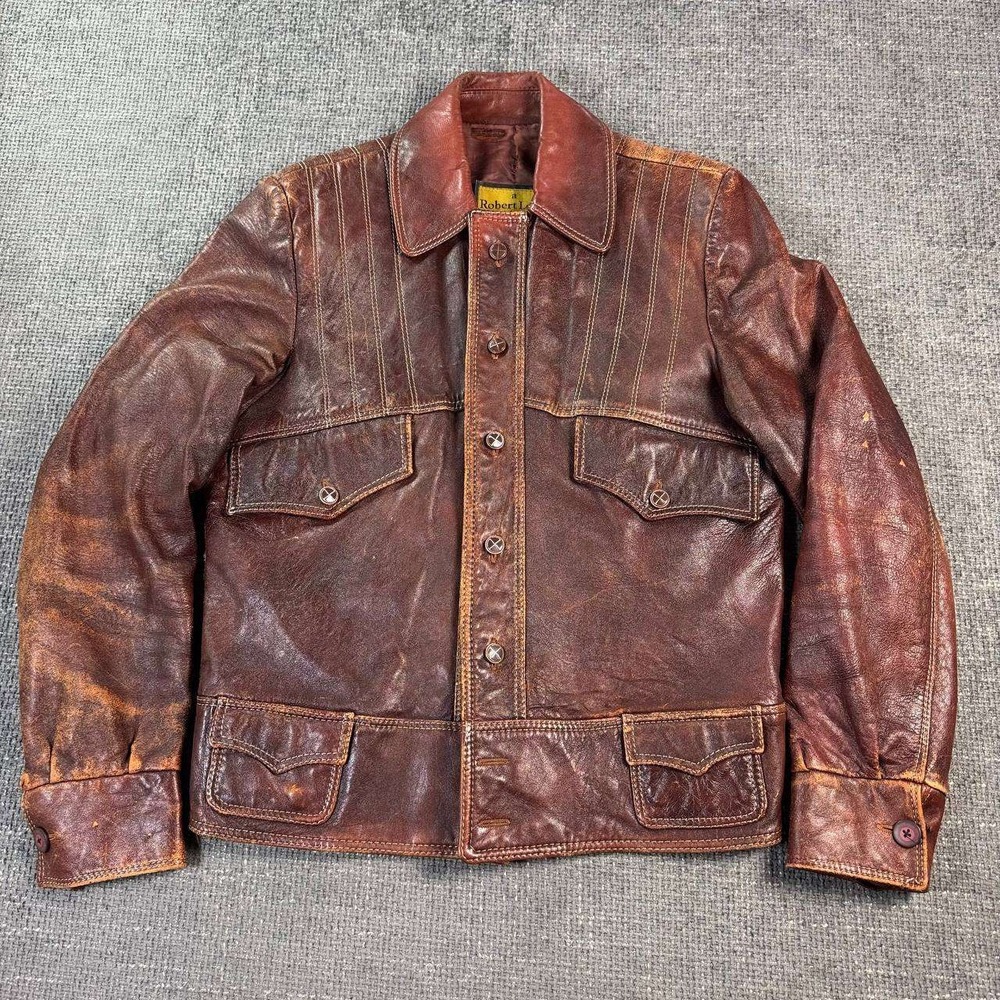 Robert Lewis Vintage 70s Leather Jacket Mens M Brown Contrast Stitch Distressed
